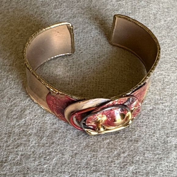 Gold-Tone Cuff Bracelet with Red Enamel Detail - Picture 2 of 4